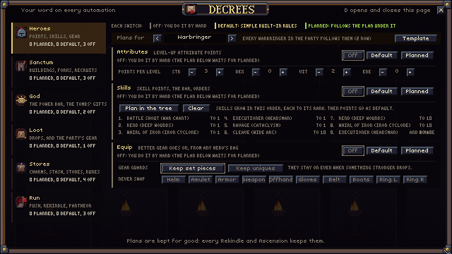 The Decrees screen, where automation is switched on and planned