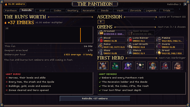 The Rekindle screen, trading a run for Embers