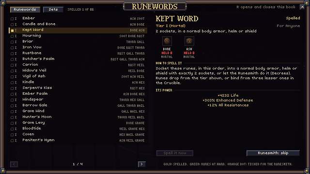 The runeword book with the recipe for Kept Word